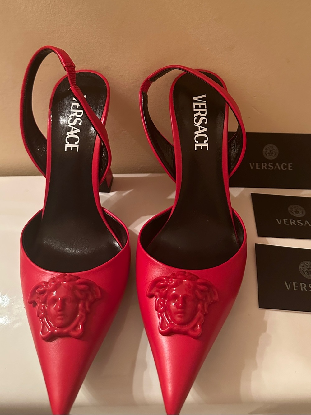 Versace Red Pointed Toe Medusa Slingback Pumps